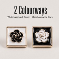 Kancing Logam Camellia Persegi, Bahan Alloy, Dasar Putih, Bunga Hitam, 15mm, untuk Sweater, Mantel, Cardigan
