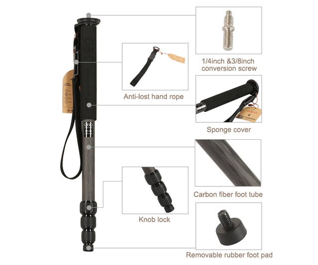 Professional Carbon Fiber Camera Monopod with Twist Lock 10kg Load Capacity Lightweight 400g for Video & Digital Camera Use