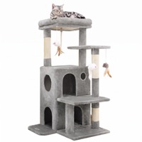 Arbre à chat pour petit appartement, gain de place, anti-basculement, 3 niveaux, base en bois massif gris, griffoirs en sisal naturel
