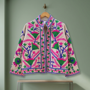 Chaqueta Bomber de Algodón Bordada Suzani al por Mayor, Diseño Floral Tradicional Hecho a Mano, Transpirable, Tejido Acabado, Unisex - Product Image 3