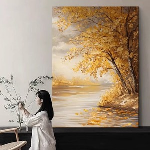 Pintura al óleo de paisaje minimalista moderna, hojas doradas, arte decorativo hecho a mano con textura para sala de estar, recibidor - Product Image 2
