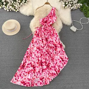 One Shoulder Hollow Print Flower Wrinkles Irregular Long Waist Waist Lace-Up Dress Holiday Beach Dress