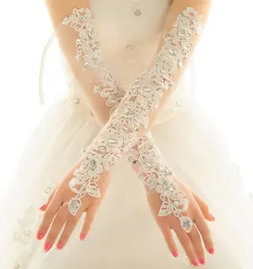 свадебные перчатки длинное кружевное платье Suppliers-Свадебные перчатки для невесты, кружевные длинные перчатки с открытыми пальцами, большие модные белые кружевные перчатки, Прямая поставка