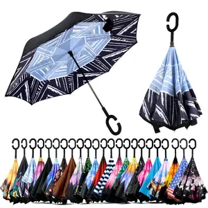 新しいデザインの裏返しの魔法のcハンドル逆傘逆さま2層反転傘日当たりの良い雨の傘