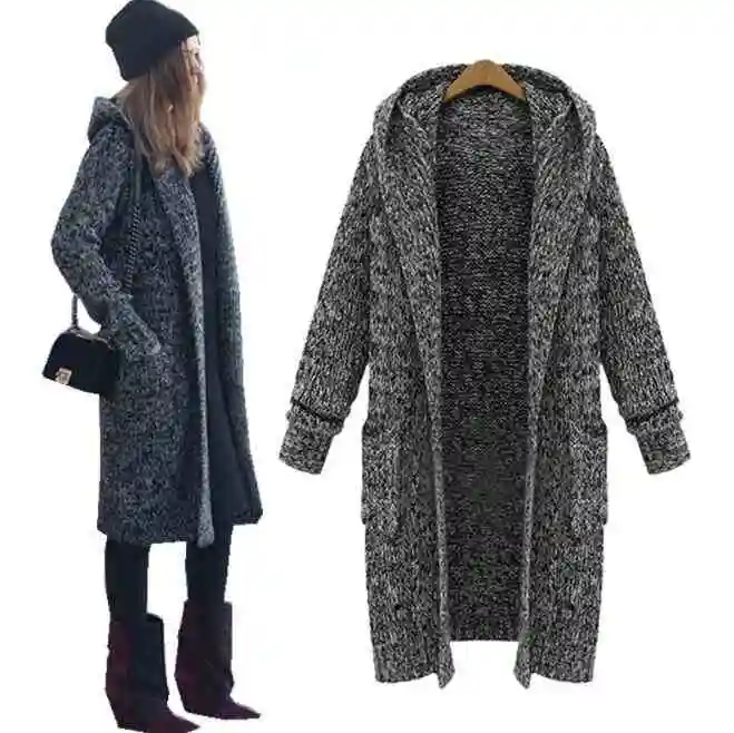 Large Size Womens Autumn And Winter Europe And The New Long Thick Knit Cardigan Loose Hooded Sweater Women Wholesale