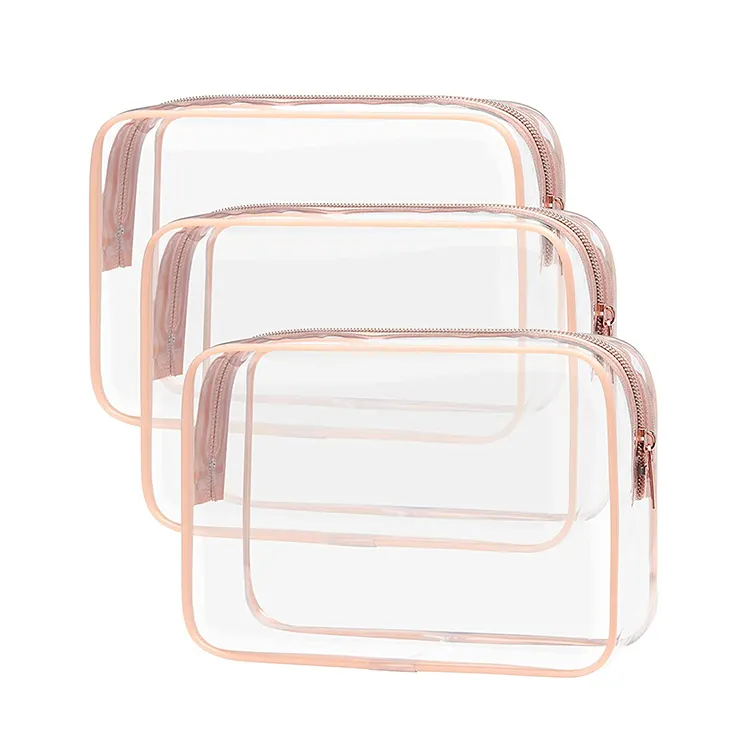 Vente en gros de trousse de maquillage transparente avec logo personnalisé pochette cosmétique en PVC avec fermeture éclair trousse de voyage pour les soins de la peau