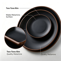 Service de vaisselle carré noir mat en mélamine avec bord brun et motif végétal, incassable, pour restaurant, compatible lave-vaisselle