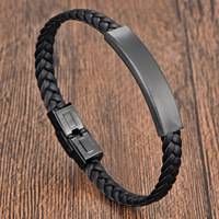 Bracelet pour homme en cuir noir avec gravure, en cuir de vachette et acier inoxydable, design tressé simple, fait main, multi-couches