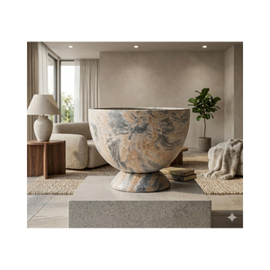 Pot de fleurs en fibre de verre résistant aux intempéries, prêt à être expédié, avec base sur piédestal, finition marbre, pour jardin extérieur, patio. - Product Image 1