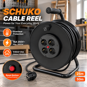 Enrouleur <span class=keywords><strong>de</strong></span> câble Schuko robuste monté sur tambour pour électriciens, tableaux électriques, compteurs, disjoncteurs différentiels, isolateurs, barres omnibus, équipements <span class=keywords><strong>de</strong></span> fusibilisation, bornes - Product Image 1