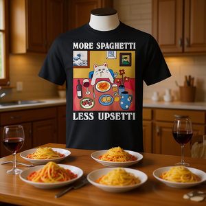 เสื้อยืดพิมพ์ลายข้อความแมวน่ารัก "สปาเก็ตตี้เยอะขึ้น ความโกรธน้อยลง" - Product Image 3