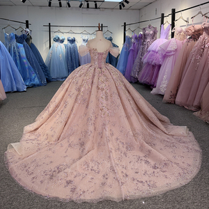 Robe de soirée de bal princesse rose à col rond, taille naturelle, avec perles, appliques brodées et sequins, modèle 8511 - Product Image 2