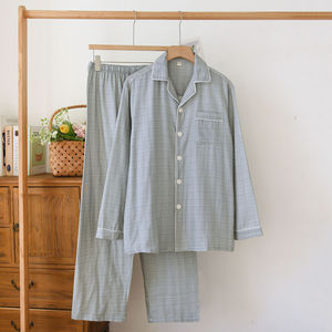 PJ-049 Pijama de Gasa a Cuadros para Hombre, Manga Larga, Algodón Puro, Ropa de Dormir, Estilo Primavera-Otoño, Tejido Fino, Conjunto de 2 Piezas - Product Image 2