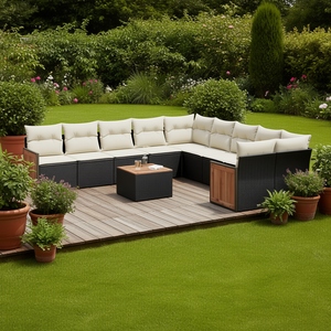 Ensemble de canapés de jardin noir et crème avec structure en rotin PE, coussins en mousse haute densité, mobilier d'extérieur au design contemporain - Product Image 2