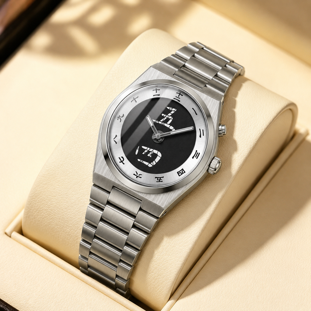 Luxury and Minimalist Men's Watch with Retro Chinese Character Stainless Steel Strap, Waterproof Business Quartz Movement