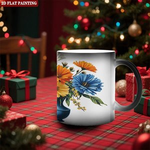 Frosted Black <b>Ceramic</b> Mug 11oz Heat Activated <b>Cup</b> With Floral Design 2D Flat Painting - Product Image 2