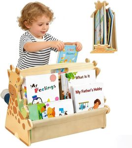 Étagère à livres pour enfants, double face, en bois, avec poches en toile robustes, bords arrondis, bibliothèque pour chambre d'enfant, rangement de jouets - Product Image 1