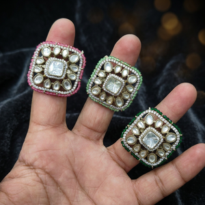 Anillo de Cóctel Ajustable de Lujo Chapado en Oro con Kundan para Mujer |   Anillo de Diamantes Americanos Cuadrados CZ con Cuentas de Cristal | - Product Image 2