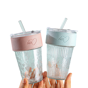 Vaso de cristal económico con pajita y tapa, de diseño elegante, para café, botella de <span class=keywords><strong>agua</strong></span> para oficina, venta al por mayor de fabricantes - Product Image 2
