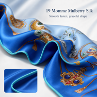 Écharpe carrée en soie de mûrier épaissie 19 Momme, imprimé numérique bleu, style romantique français, châle pour femme, foulard toutes saisons