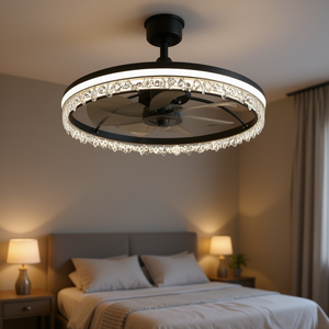 Modern 24 Inch LED Ceiling <b>Fan</b> Light Black Iron Crystal Design Dimmable Remote Control <b>Quiet</b> <b>Bedroom</b> Flush Mount - Product Image 2