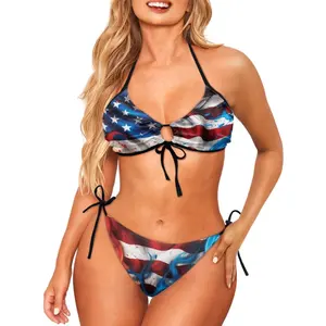 Customize American Flag Print Ladies Two-Piece Bikini Fashion Women Halter Strappy Swimsuit Drop Ship Summer Swimwear Separates