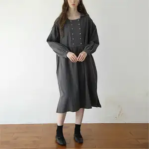 Customized A-Line Button Midi Soild Color Vintage Long Sleeve Chic Cotton Linen Dress Women Casual Dresses Straight With Pockets