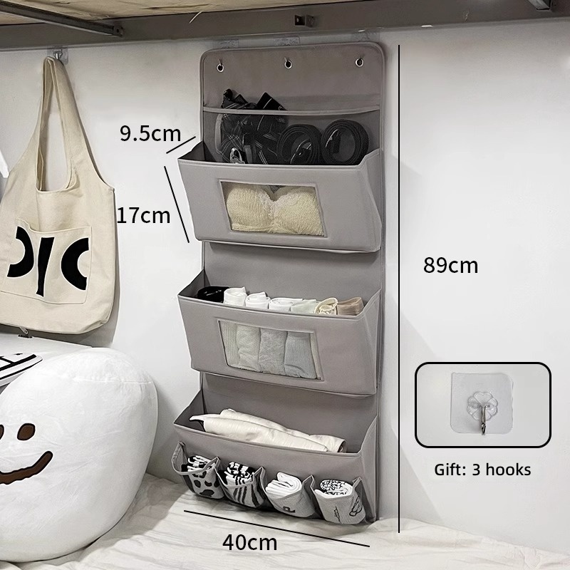 Sac de rangement suspendu en tissu - gris - 3 niveaux - crochet de fixation inclus (x3)