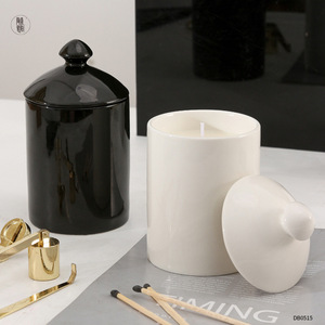 Pot à bougie en céramique avec couvercle, cylindrique, 14,6 oz, blanc, noir, vide, décoration d'intérieur DB0515 - Product Image 1