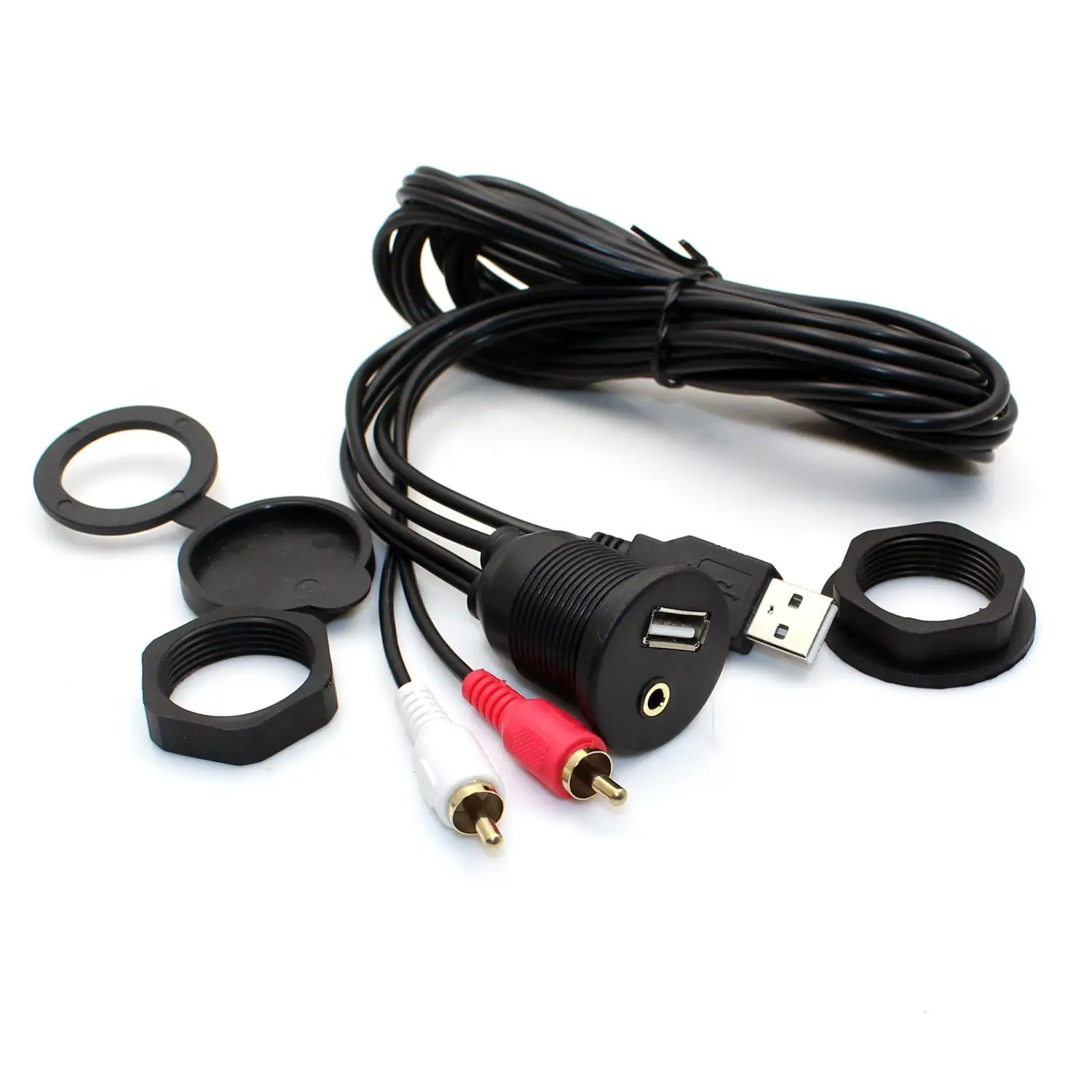 USB & 3.5mm to 2 RCA and USB AUX Flush Mount Dash Extension Audio&Video Cable
