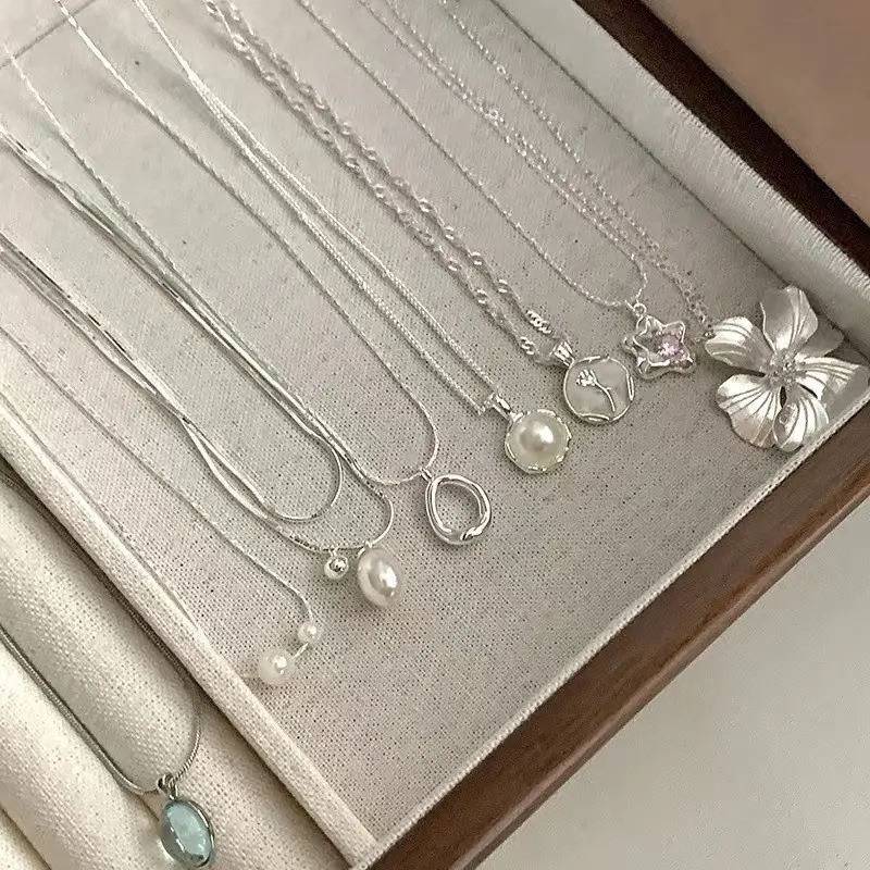 Venta al por mayor de joyería fina, cadena de serpiente Vintage, collares de perlas de agua dulce naturales de plata esterlina, collar de perlas S925 para mujer