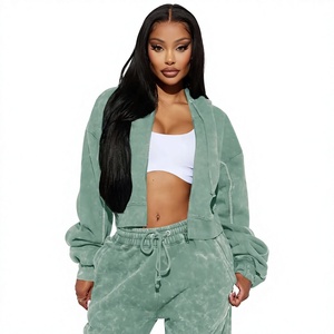 Sudadera Corta con Capucha para Mujer, Color Verde Menta, Manga Larga, Oversize, de Felpa, Color Sólido, para Otoño - Product Image 1