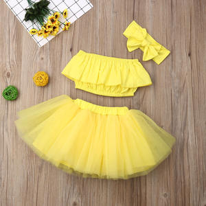 Sleeveless Summer 2021 Headband Tube Dress <b>Elastic</b> Solid Yellow Blouse <b>Lace</b> Bubble Skirt Three Pieces Set Baby Girls Suits - Product Image 1