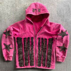 Logo personnalisé en gros unisexe poids lourd en détresse broderie coupe et coudre fermeture éclair Vintage Patch hommes acide lavage sweat à capuche zippé - Product Image 1