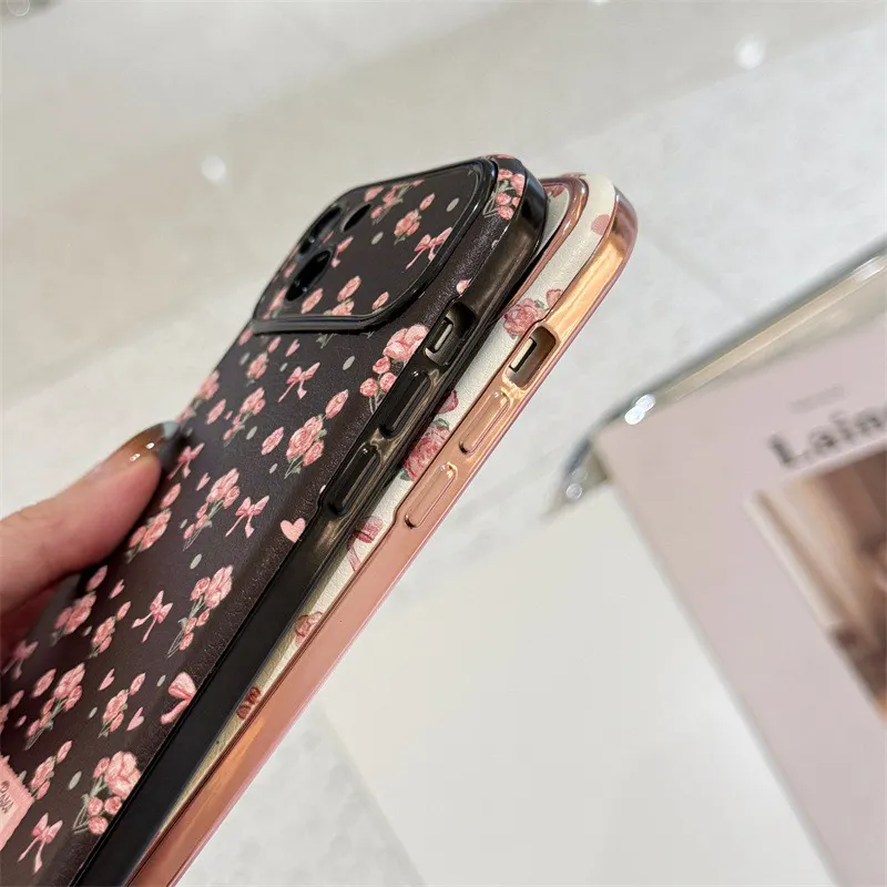 INS sarung ponsel kulit Gadis Korea, pelindung belakang Retro merah muda bunga lembut untuk iphone 15 14 13 12 11 Pro Max