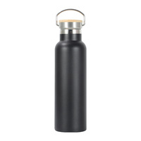 Bouteille d'eau isotherme noire en acier inoxydable de 1000 ml pour le sport, la gym, le cyclisme, avec poignée et bouchon en bambou