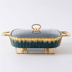 Réchaud à nourriture pour hôtel de mariage, support doré, plat à four en céramique, assiettes en céramique à deux anses, chauffe-plat à <span class=keywords><strong>bougie</strong></span>, récipient chauffant 2,3 L - Product Image 2