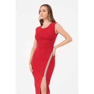 Robe fourreau élégante blanche sans manches avec fente latérale et détails perlés, col rond, taille naturelle, longueur midi - Product Image 2