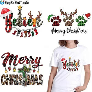 Hongcai Custom Christmas Heat Transfer Vinyl Design Washable water iron on patches screenprint transfers sticker for Clothing