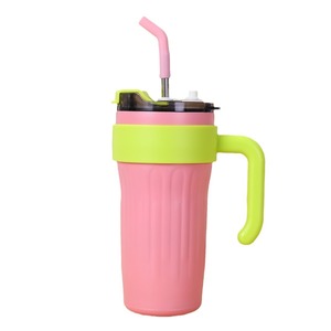 Gobelet à café isotherme de 860 ml avec poignée, corps rayé en acier inoxydable, paille métallique réutilisable, grande tasse de voyage sous vide - Product Image 6