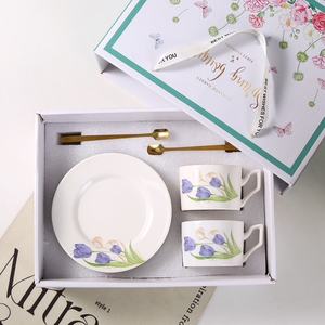 Nordic Style Floral Pattern Durable Ceramic Coffee <b>Tea</b> Cup and Saucer Set with 230ml Capacity Spoon and <b>Gift</b> Box - Product Image 2
