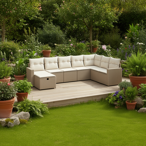 D0100XFU2X2 Ensemble de canapé de jardin en polyrotin beige 8 pièces, mobilier d'extérieur au design contemporain avec structure en acier - Product Image 2