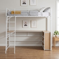 Lit mezzanine avec bureau et armoire, cadre de lit double en métal blanc avec poste de travail pour petite chambre et dortoir, aucun sommier tapissier nécessaire