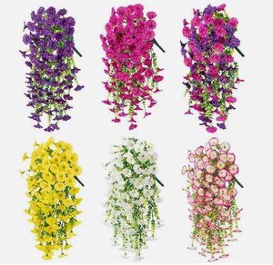 Guirnaldas de flores artificiales de eucalipto, gloria de la mañana y violetas de seda para decoración de pared en el hogar, bodas, patios exteriores. - Product Image 1