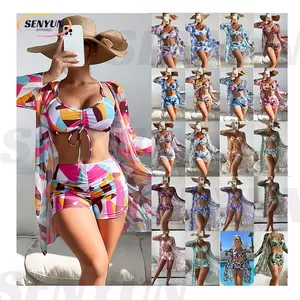 Yeni 2024 yaz plaj dize Bikini mayo Beachwear kadınlar Cover Up plaj elbise yüksek bel 3 parça Set mayo plaj Cover Up