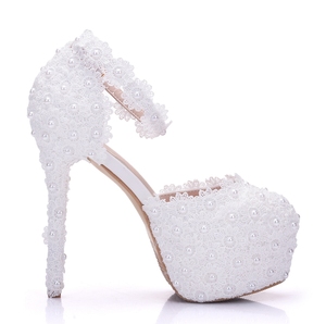 BS048 <span class=keywords><strong>scarpe</strong></span> da <span class=keywords><strong>sposa</strong></span> con plateau con tacchi alti in pizzo bianco <span class=keywords><strong>scarpe</strong></span> da <span class=keywords><strong>sposa</strong></span> con tacco alla caviglia da donna sandali da damigella - Product Image 4