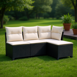 Conjunto de Sofá de Jardín en Ratán Sintético Negro con Patas Ajustables, Muebles de Exterior de Diseño Contemporáneo con Cojines de Espuma de Alta Densidad - Product Image 2