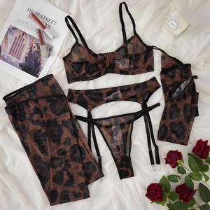 Nouvel ensemble de lingerie féminine en maille à motif léopard, respirant, séduisant, avec effet push-up, cinq pièces - Product Image 6