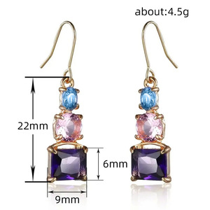 Boucles d'oreilles pendantes plaquées or avec pierres améthystes roses et bleues, style géométrique vintage pour femmes, bijoux de fête - Product Image 5