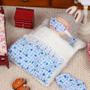 Labubu Plush Doll Pajamas Set 17cm Blue Checkered Floral Design For Collectible Toy Accessories - Product Image 2